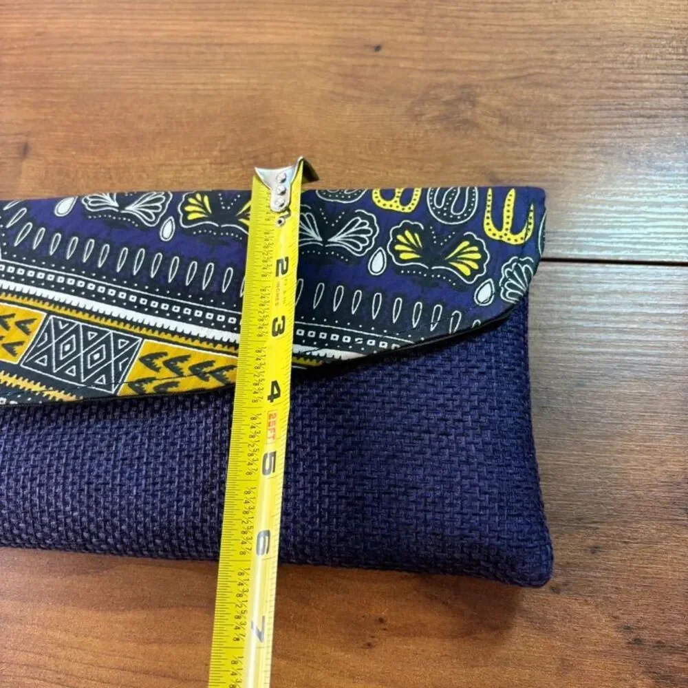 Ethnic African Dashiki Print Envelope Clutch Purse Purple Yellow Woven Tweed